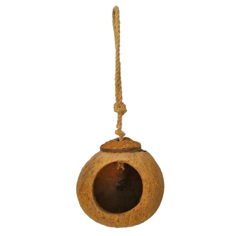 Natural coconut shell bird nest with ladder, scale texture, 11cm diameter, for parrots and hamsters