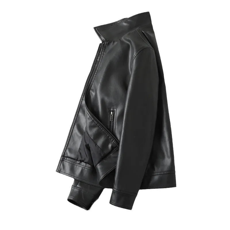 Men's black PU leather casual jacket with zipper pockets shown in loose fit design