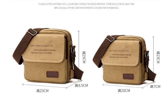 Canvas shoulder bag in khaki with polyester lining, small size 20x7x23cm, shown as a structured day bag