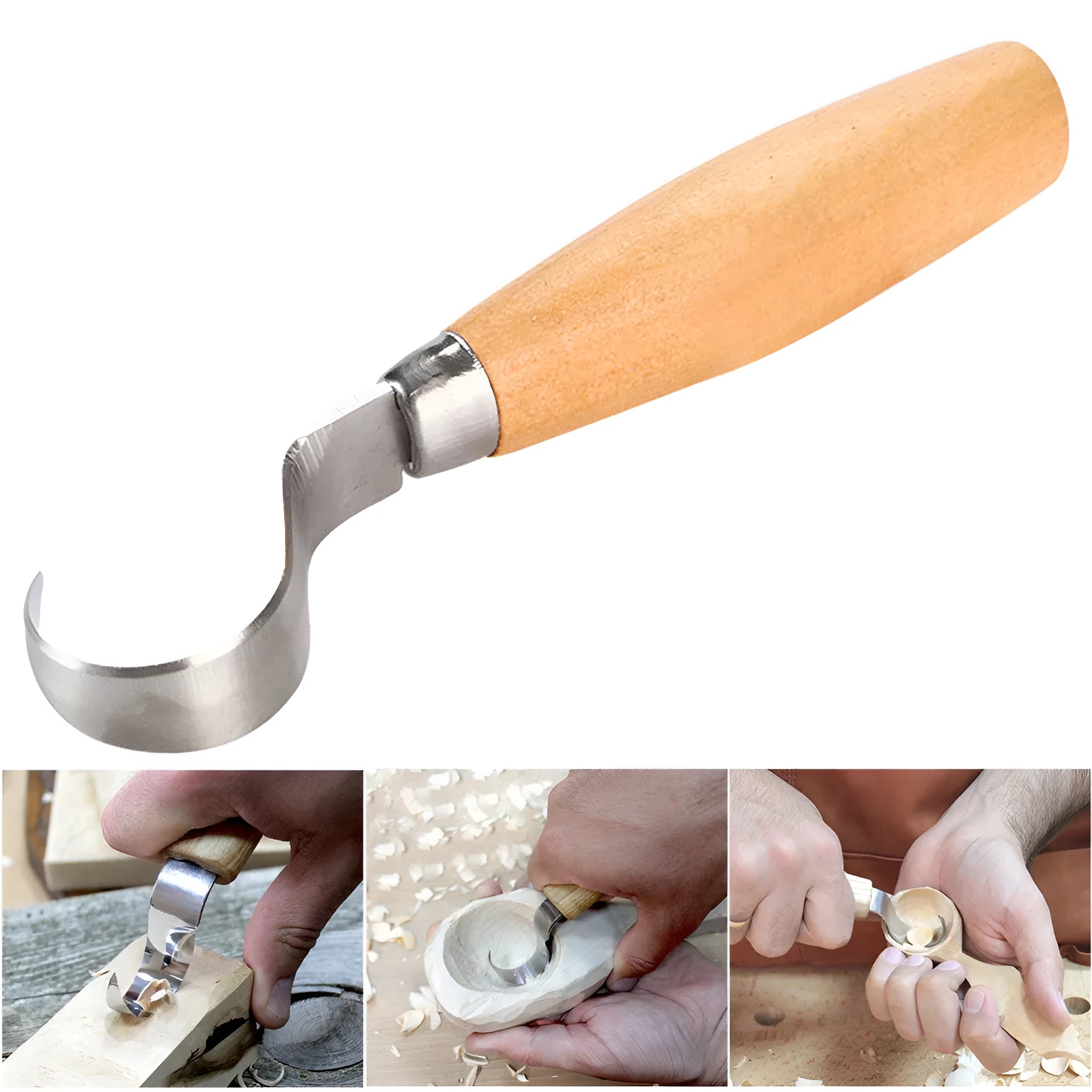 FastCraft curve carving knife with stainless steel blade and wooden handle for woodworking