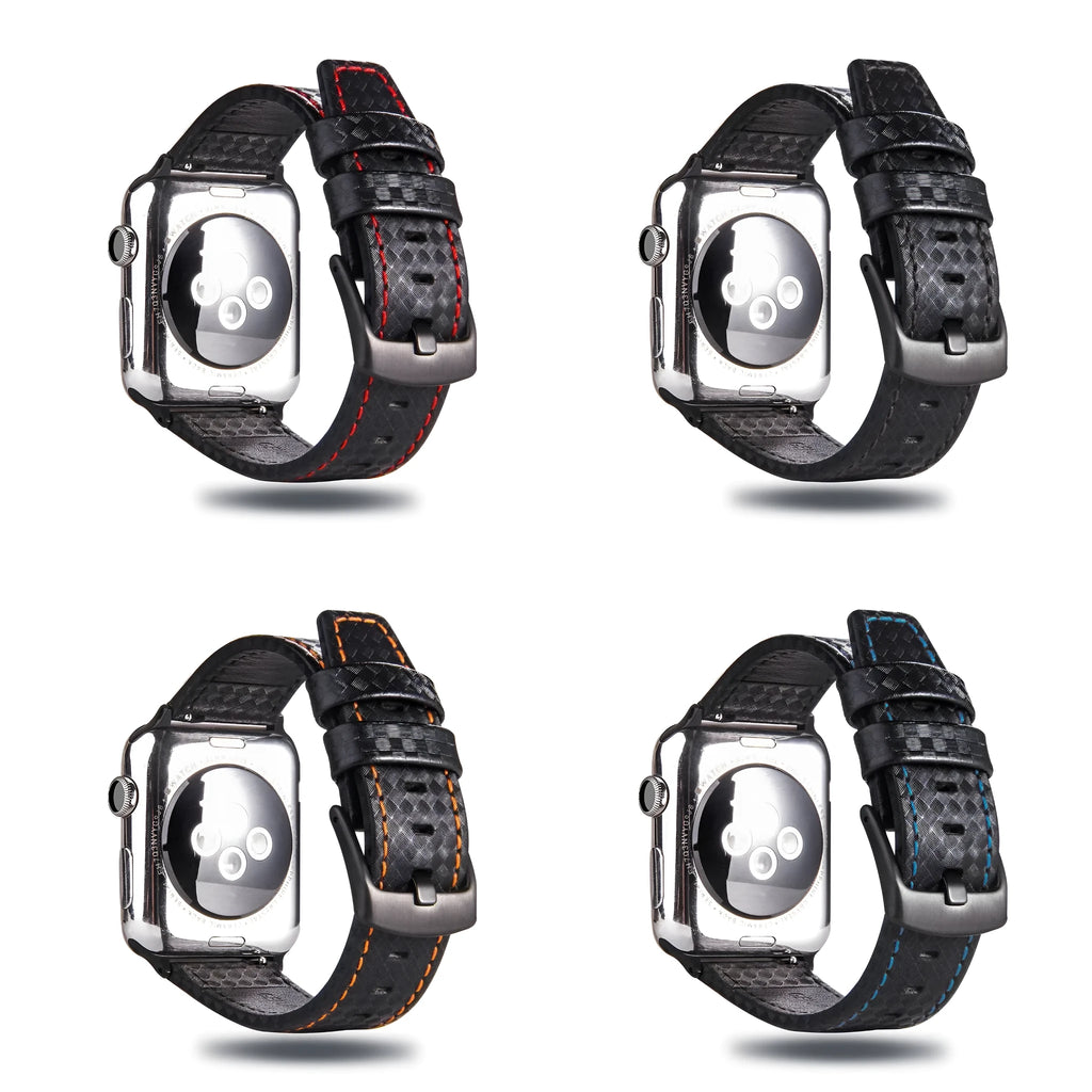 Compatible Apple Watch leather strap with carbon fibre pattern on PC case in red, black, orange, or blue