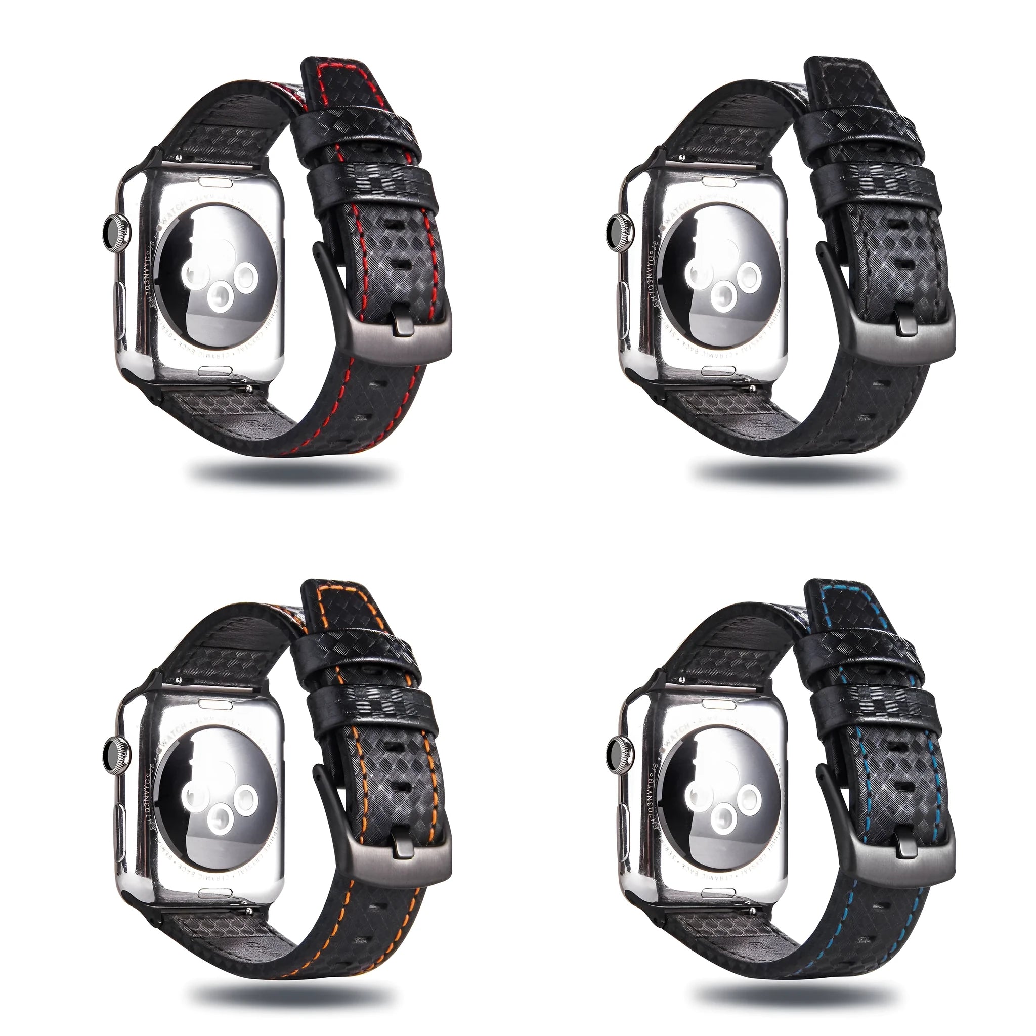 Compatible Apple Watch leather strap with carbon fibre pattern on PC case in red, black, orange, or blue