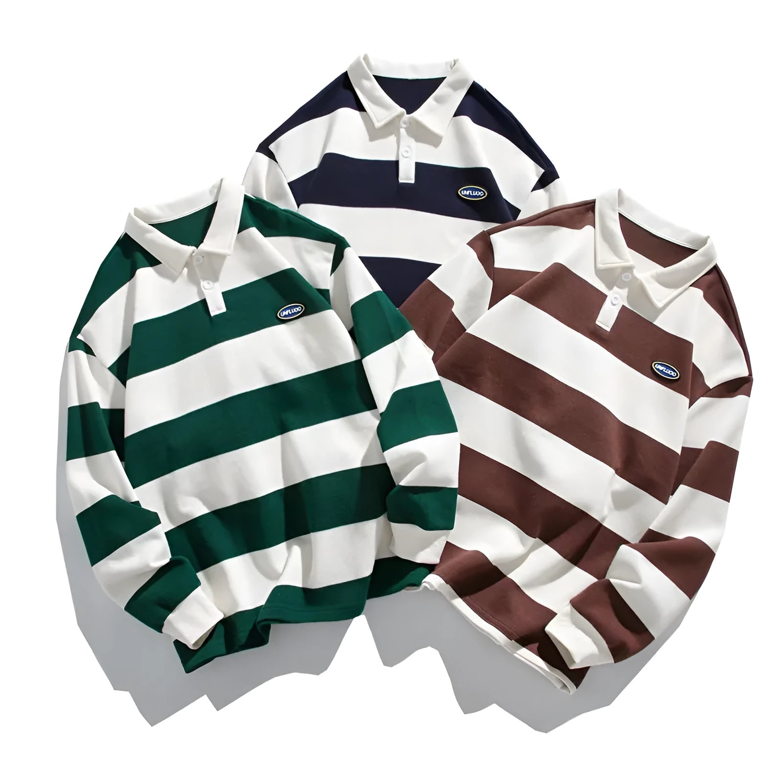 Matching set of two striped Hong Kong style polo shirts with lapel collars in pearl cotton fabric.