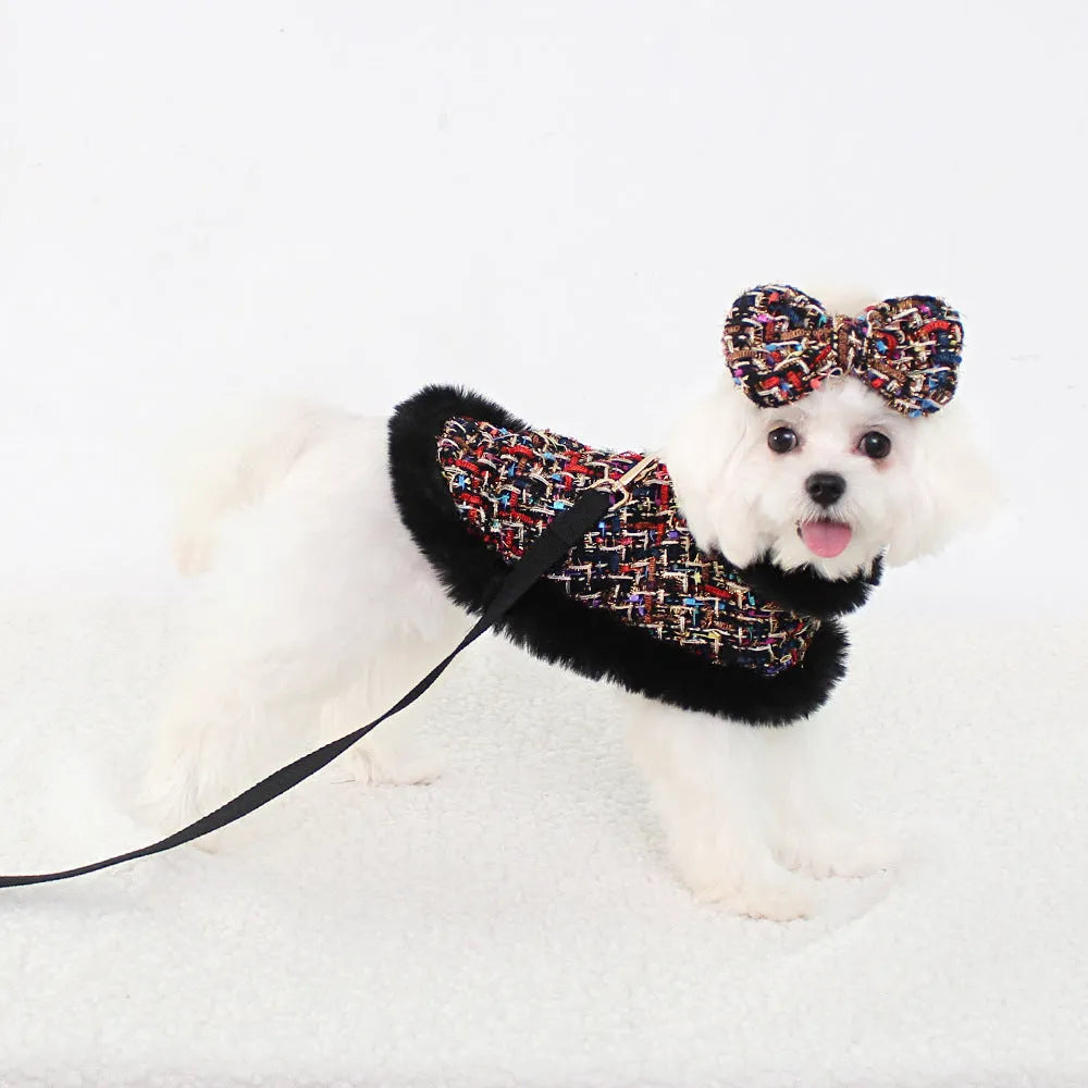 Classic style dog cloak with chest strap and matching hand holding rope in cloth material