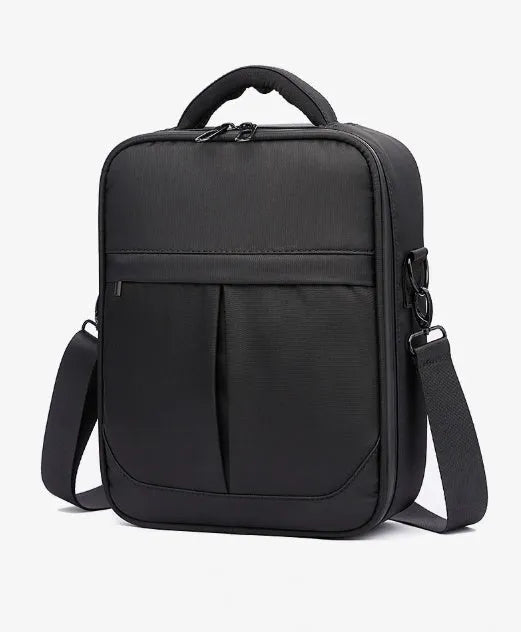 Black Oxford fabric men's messenger shoulder bag showing dimensions and texture