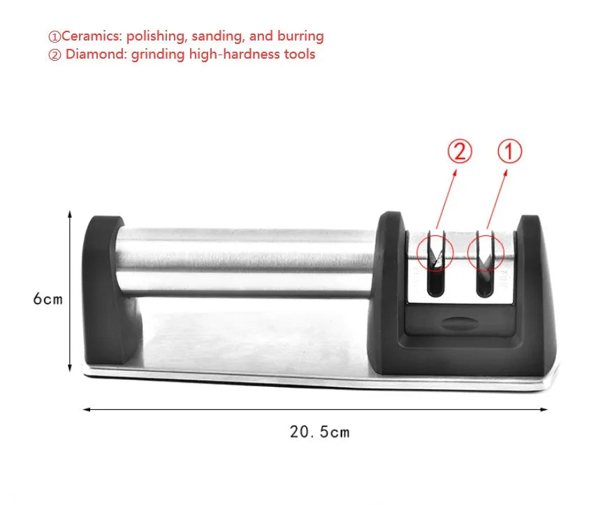 Black multi-purpose kitchen sharpener with stainless steel holes for knives, scissors, and screwdrivers on a non-slip ABS plastic body.