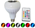 White smart LED bulb with E27 base featuring built-in Bluetooth speaker and 16-colour RGB lighting