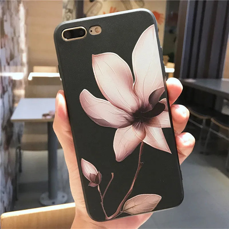 Embossed flower pattern TPU phone case for iPhone in black and white options