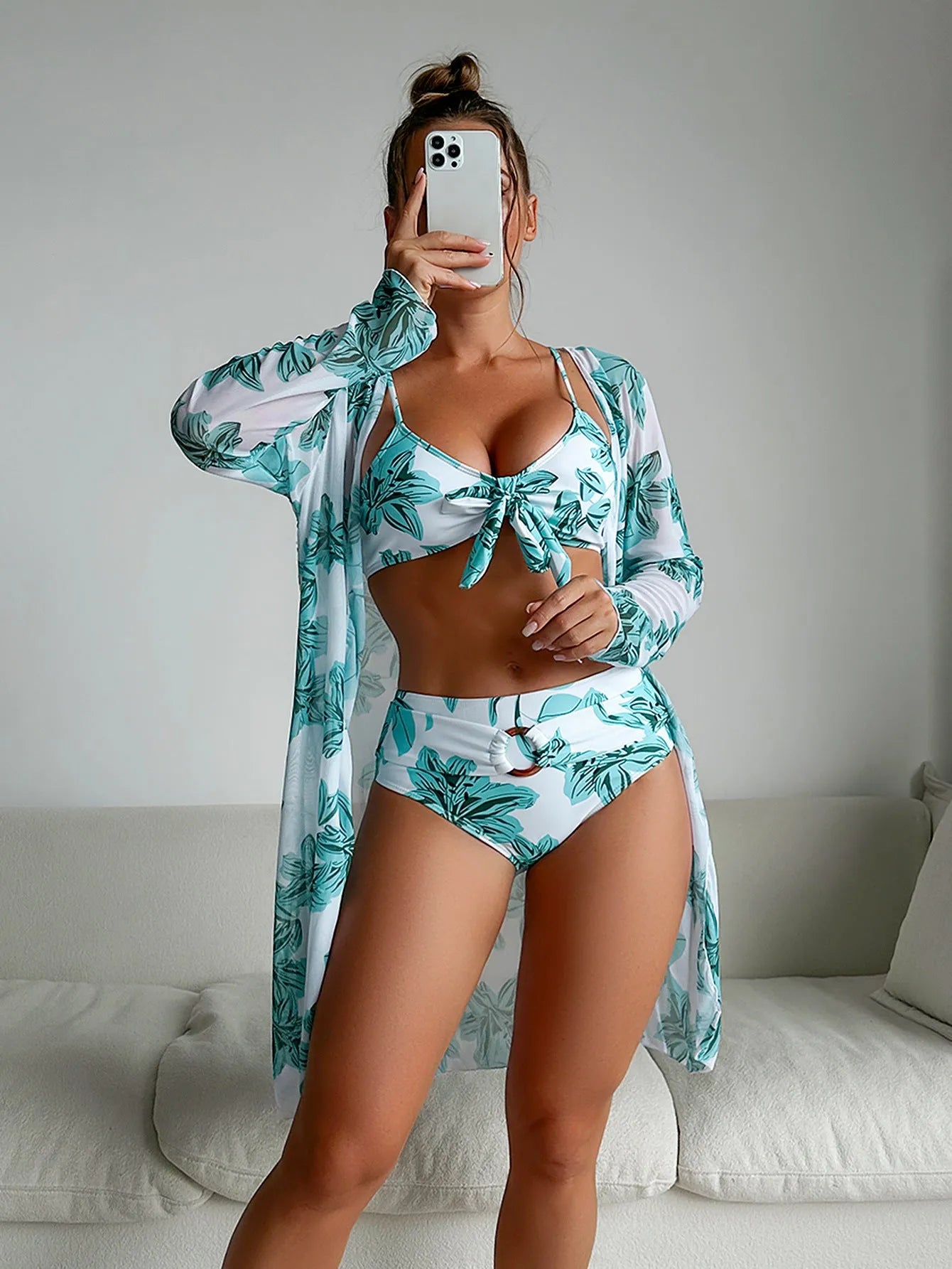 Three-piece printed polyester women's bikini swimsuit set in pattern 2, tight fit, high elasticity, sizes S to XL