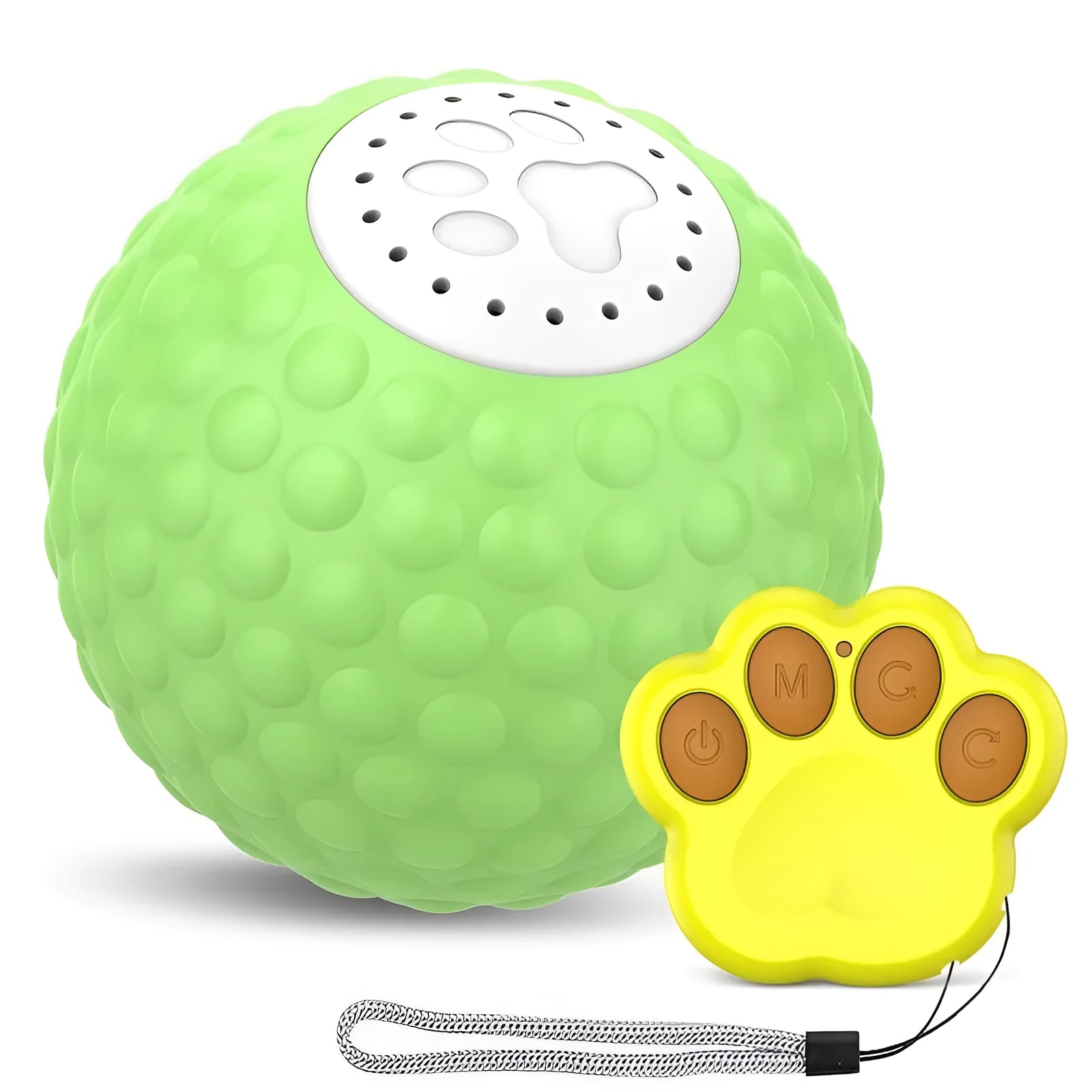 Remote controlled smart cat ball toy with LED lights in blue, green, and yellow colour options