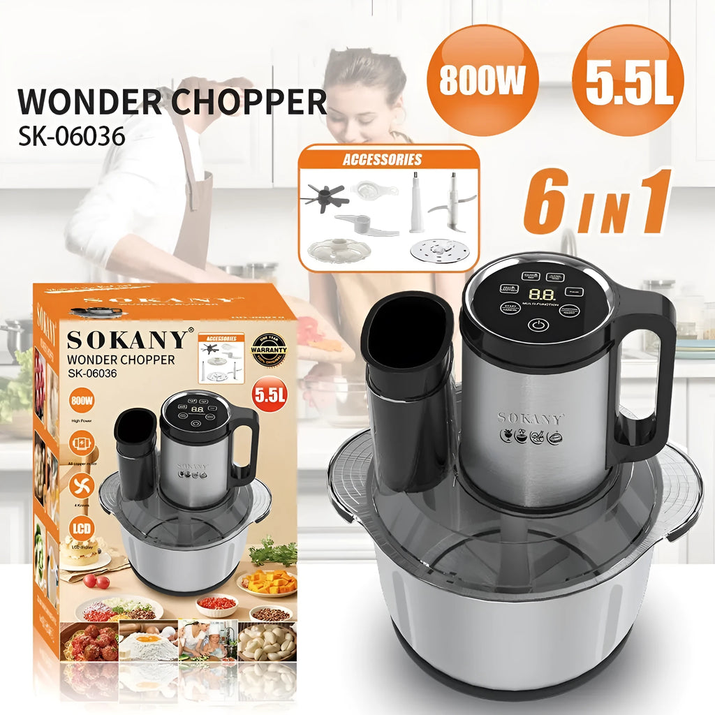 Stainless steel meat grinder and vegetable cutting mixer with control panel, 06036 colour option.