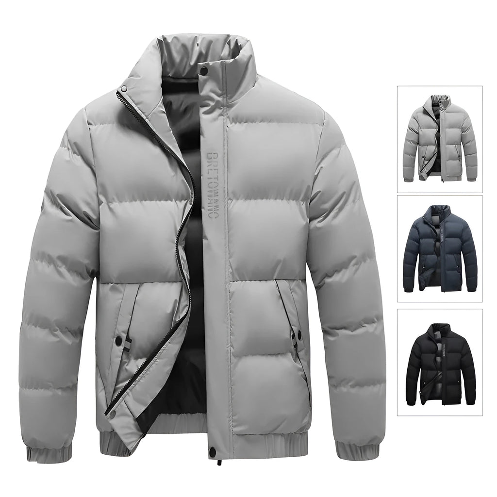 Winter men's warm padded down jacket, cotton filling, loose fit, solid colour, black, with side pockets
