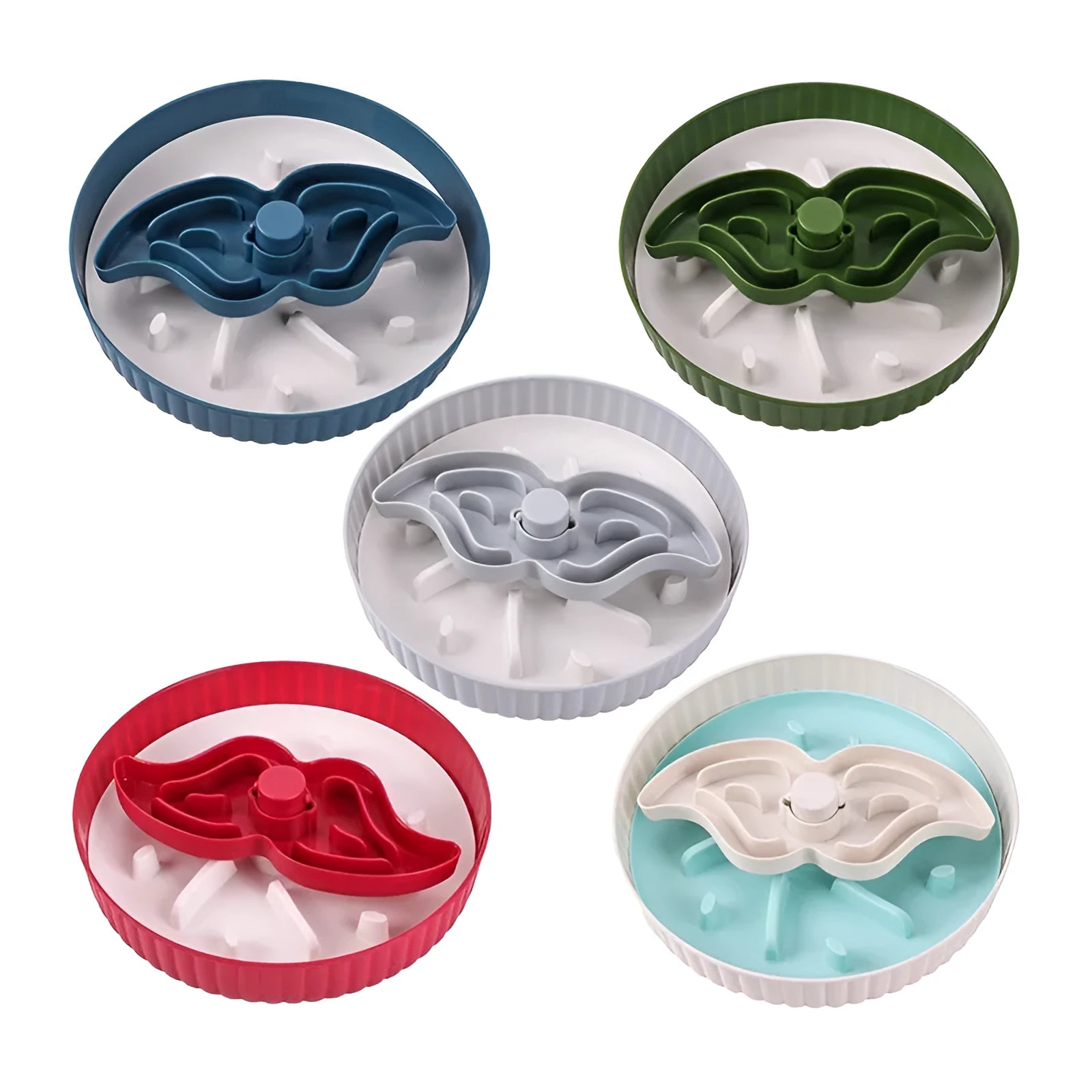 Colourful rotating pet slow feeder bowl with a silicone licking mat in a windmill design.