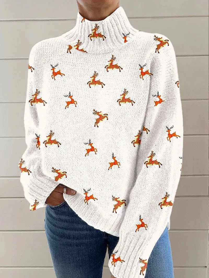 Women's loose-fit Christmas turtleneck sweater with a printed painting pattern in a macaron colour.