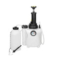 White 3-litre automotive brake fluid tank and replacement tool with copper and iron components.