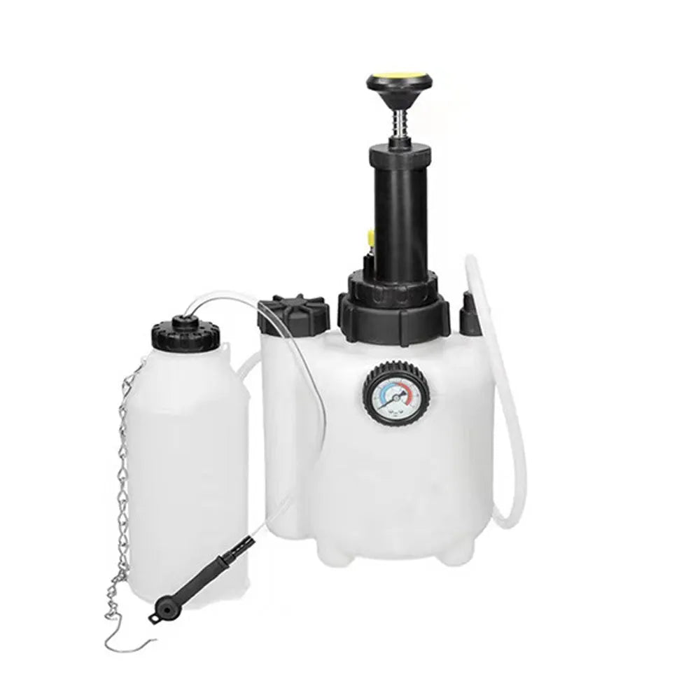 White 3-litre automotive brake fluid tank and replacement tool with copper and iron components.