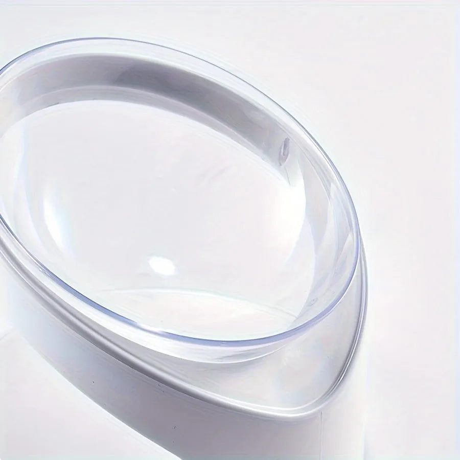 White clear plastic elevated cat food bowl with anti-vomit tilt design on stable base