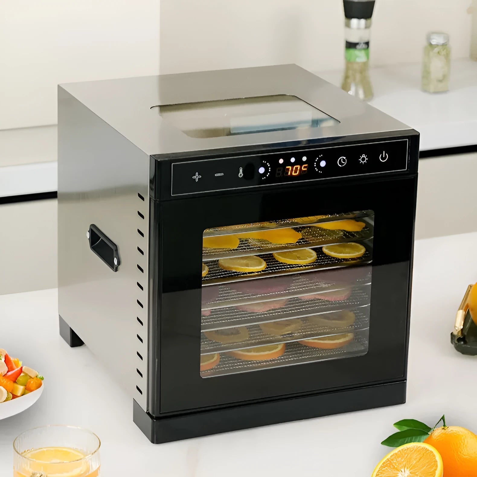 Stainless steel food dehydrator with visual skylight window, LED panel, and multiple drying trays