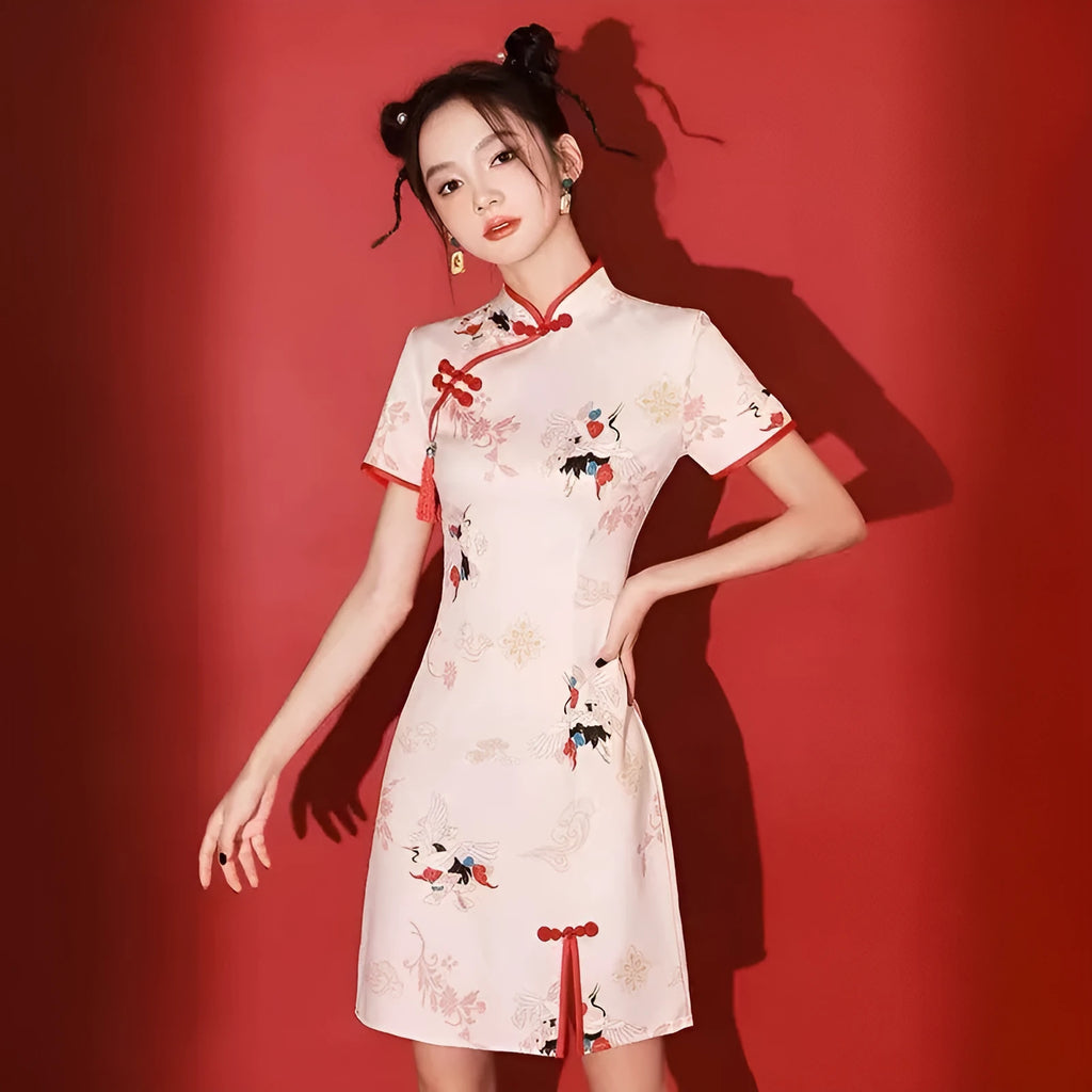 Short cheongsam bridesmaid dress with national tide crane print, quarter sleeves, polyester, available sizes S to 2XL