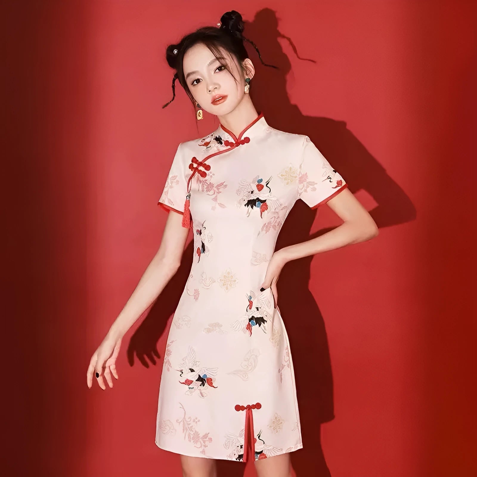 Short cheongsam bridesmaid dress with national tide crane print, quarter sleeves, polyester, available sizes S to 2XL