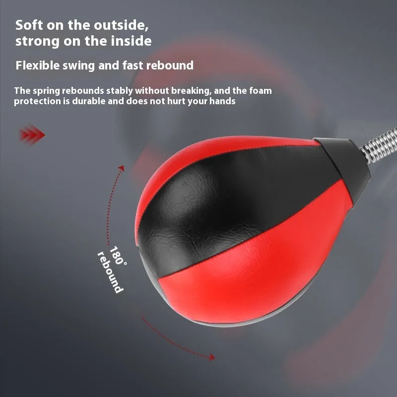 Red and black pear-shaped inflatable boxing ball with elastic cord and suction cup mounting system