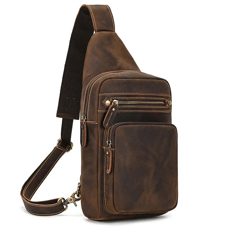 Men's first layer cowhide retro crossbody shoulder bag in solid 9334 brown colour