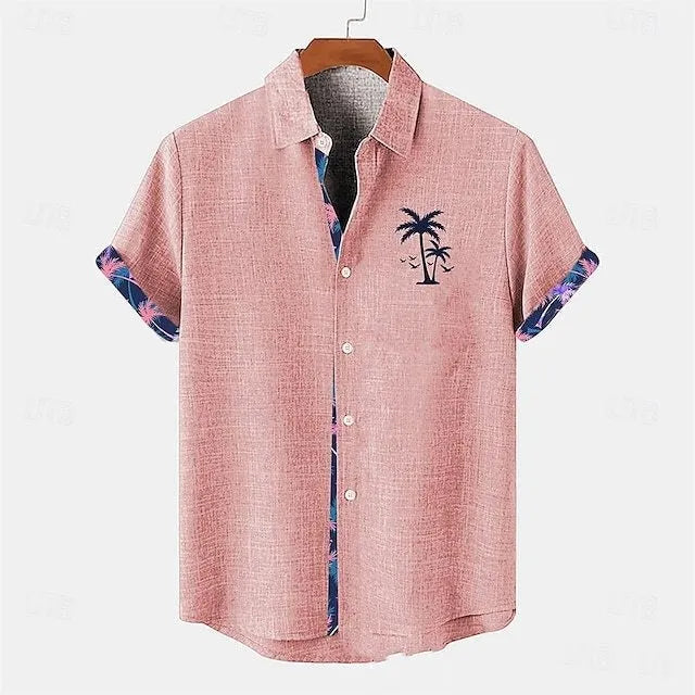 Linen short-sleeve top for teenagers with a loose fit and an ocean fish pattern on the lapel.