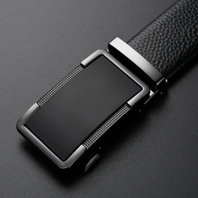Men's leather belt with an automatic alloy buckle in gun black, silver, or gold colour.