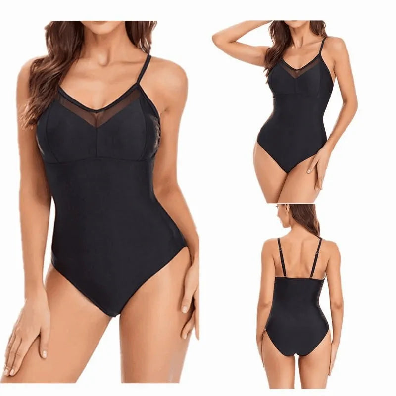 Women's solid colour one-piece swimsuit with mesh panels and backless design in spandex fabric