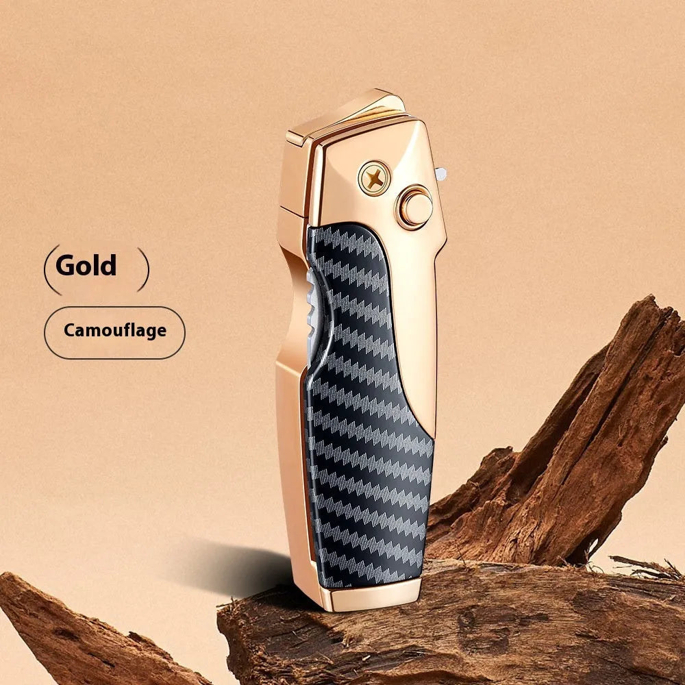 Closed metal folding lighter with integrated knife in a carbon fibre finish, showing the safety lock and refill valve.