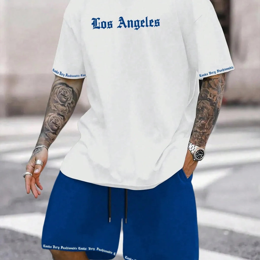 Men's blue sports style short-sleeved top and matching shorts two-piece casual suit set