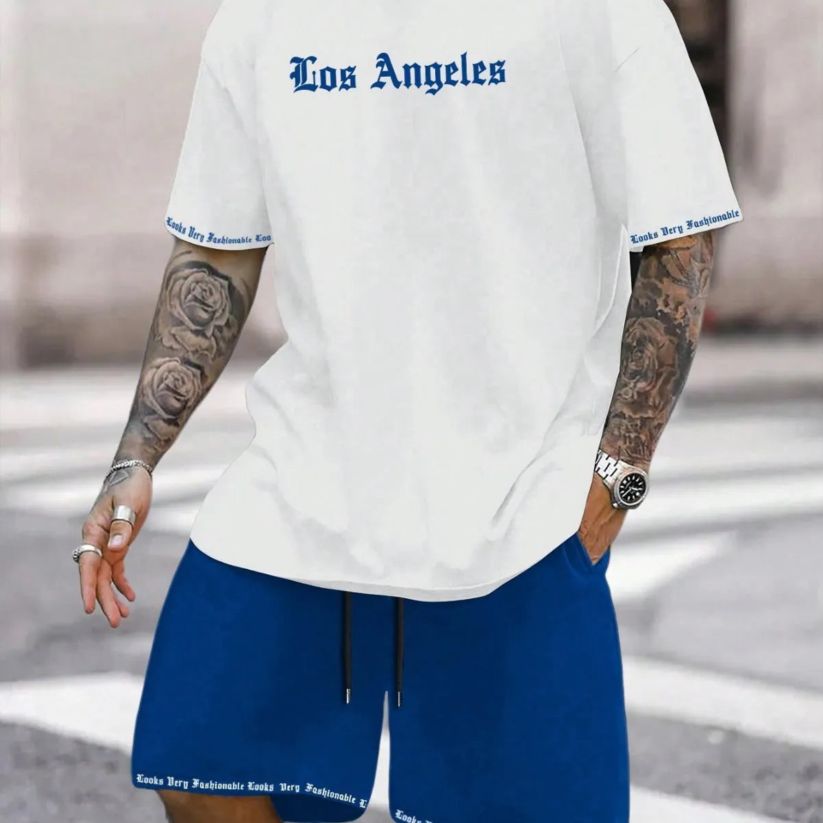 Men's blue sports style short-sleeved top and matching shorts two-piece casual suit set