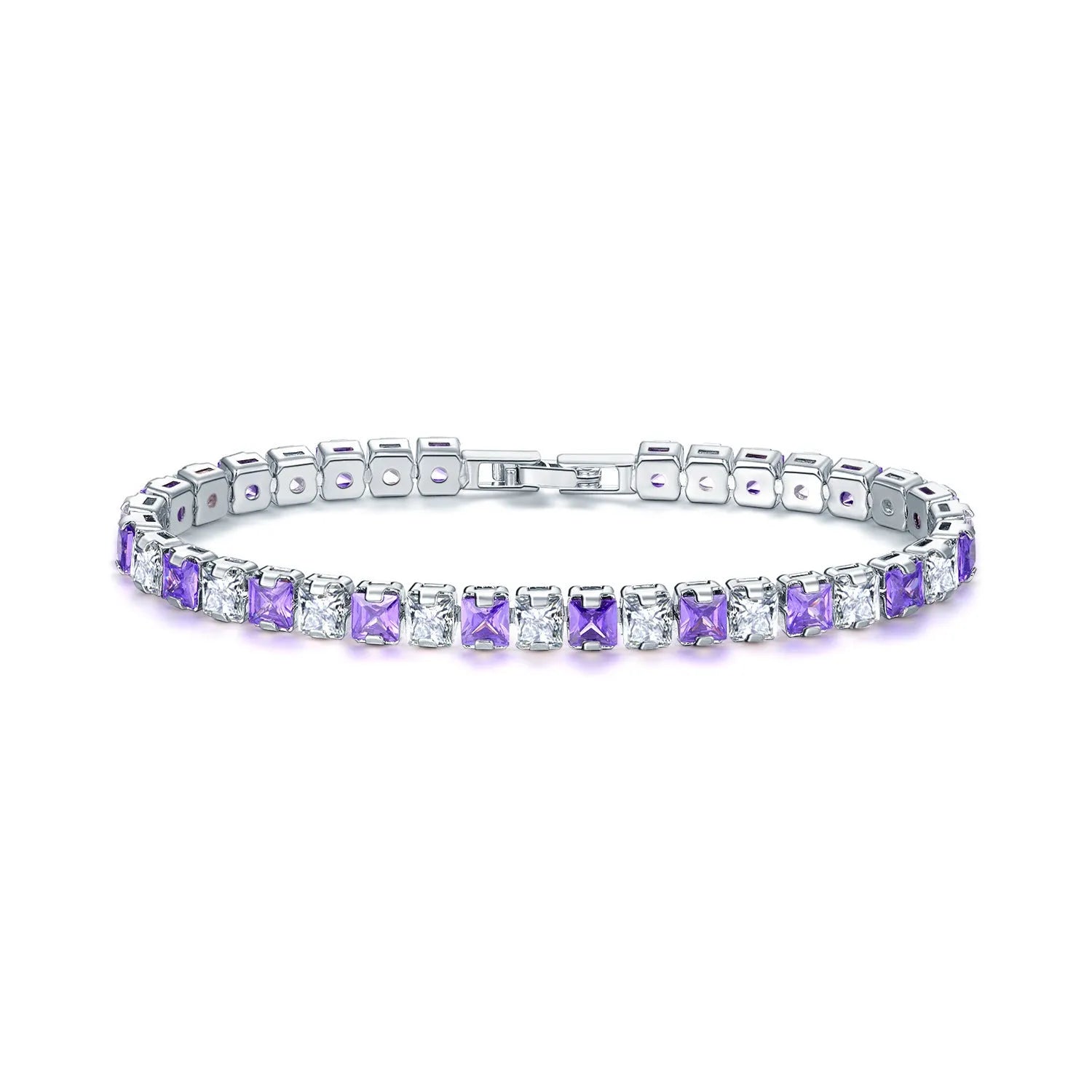 Square geometric zircon bracelet for women with electroplated platinum finish.