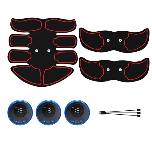 Digital abdominal muscle stimulation patch with three electrodes and colour-coded edges.