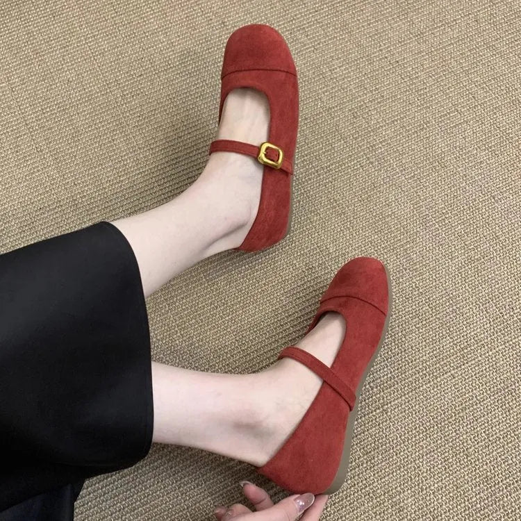 Low-cut French vintage Mary Jane flat shoes in suede-effect canvas, apricot colour, on a neutral background
