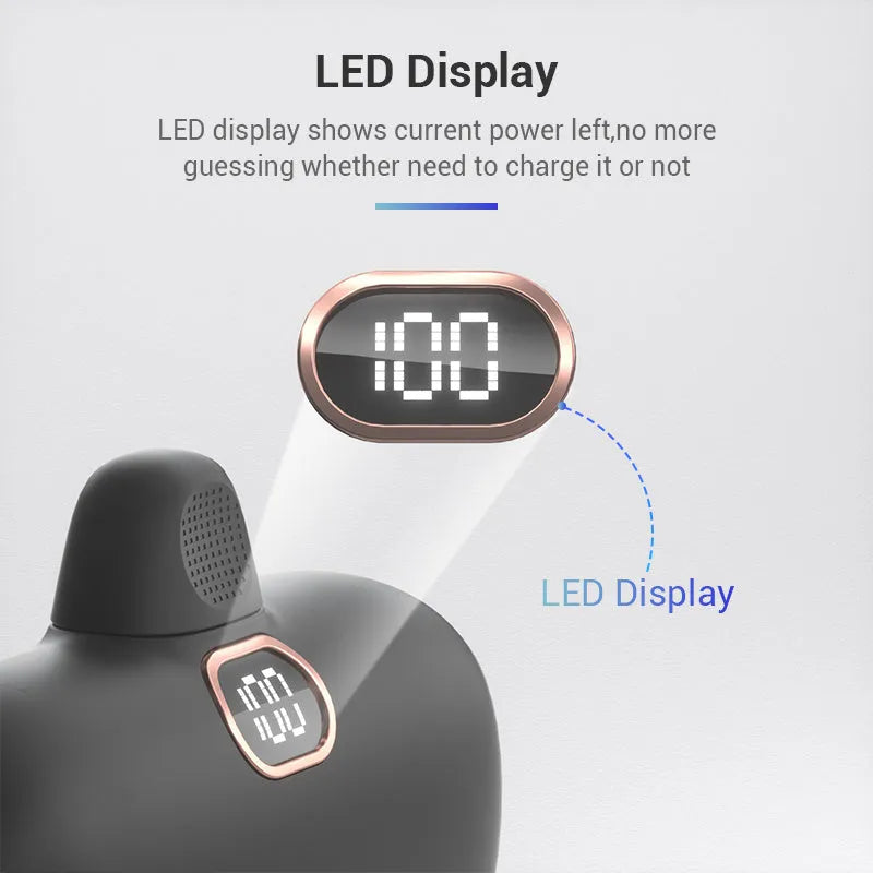 Cylindrical alloy power bank with built-in charging interface and LCD display, in black, white, or purple.