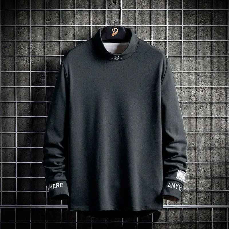 Mens long sleeved high collar polyester casual shirt in grey, embroidery detail, autumn winter