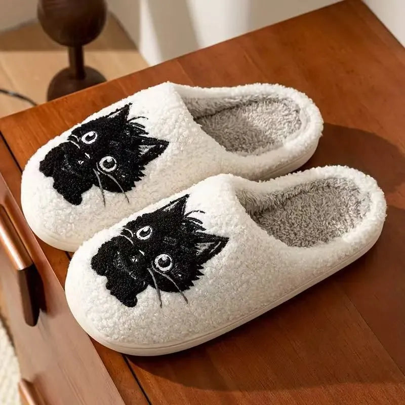 White plush couple slippers with a black beard cat cartoon pattern and a non-slip sole