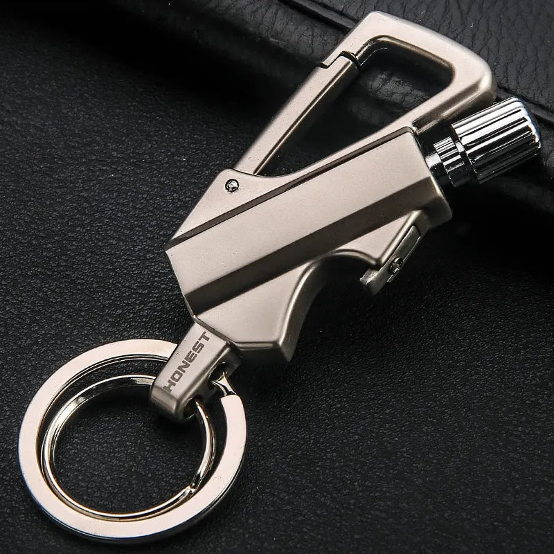 Metal keychain lighter with flint striker and bottle opener in black nickel finish