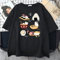 Mens black cotton t-shirt with a cartoon print of a cat dressed as sushi on a loose fit short sleeve.