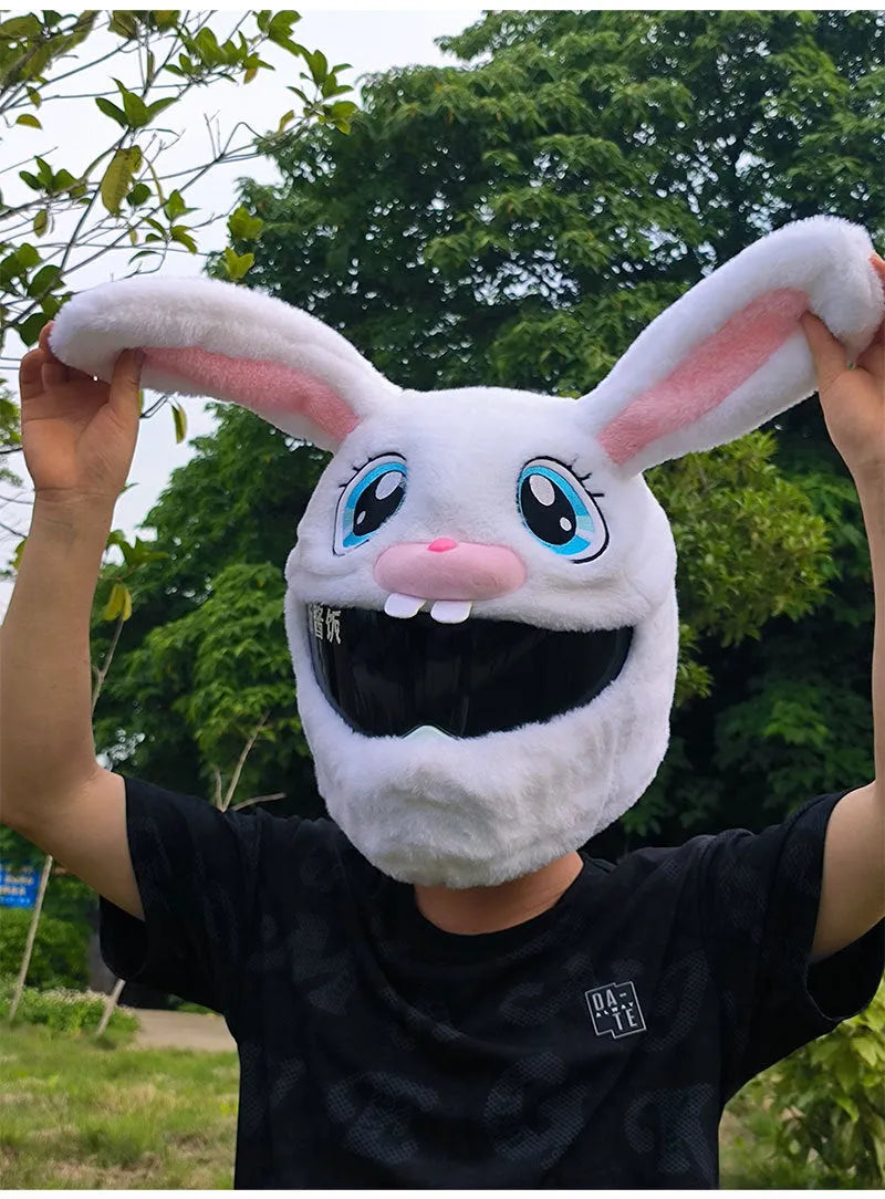 White long-eared rabbit plush helmet cover for electric motorcycles