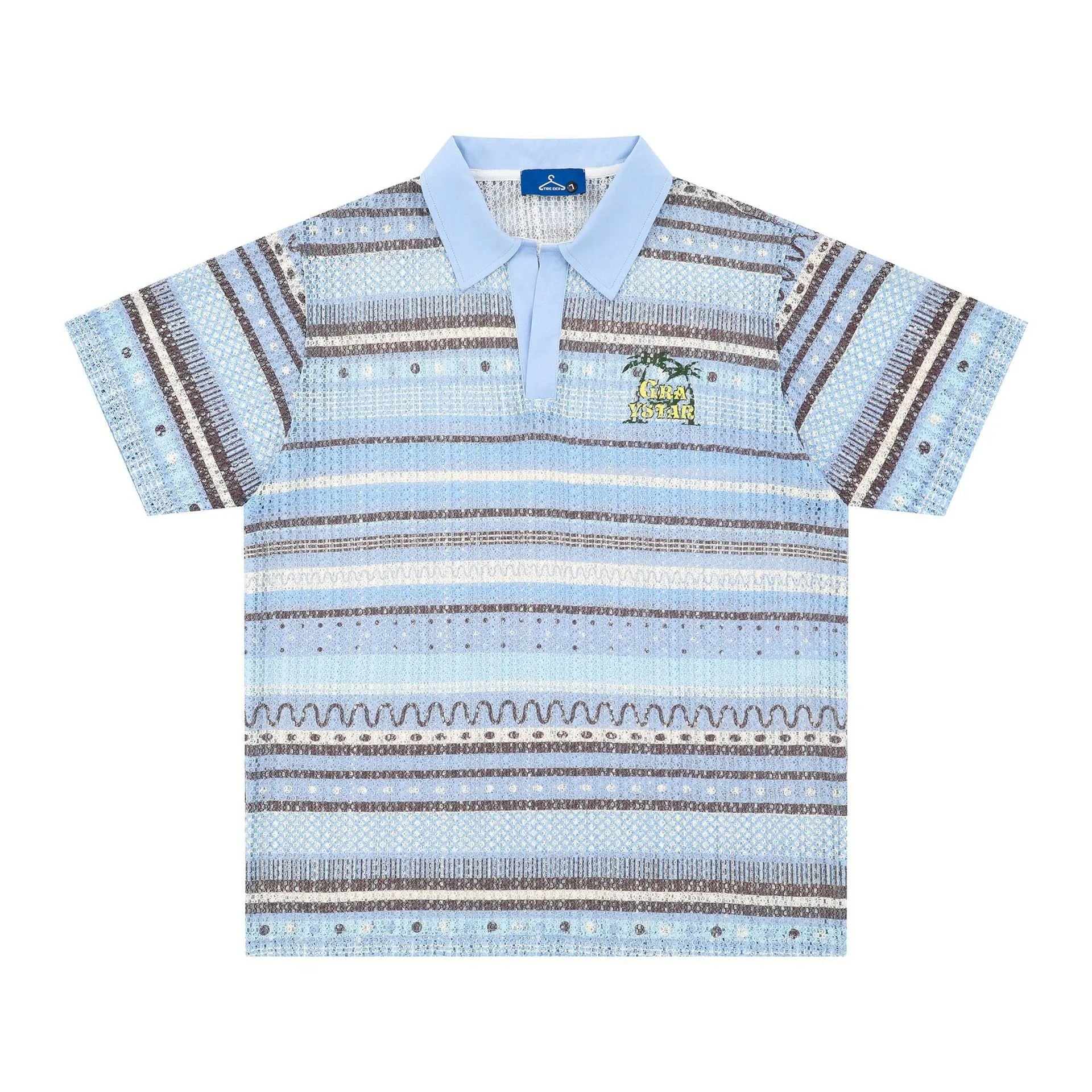 Men's blue printed short sleeve shirt with loose fit and elastic polyester fabric