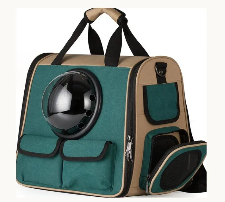 Pet carrier backpack vertical dark green alloy frame for cats up to 15 kg and dogs up to 10 kg