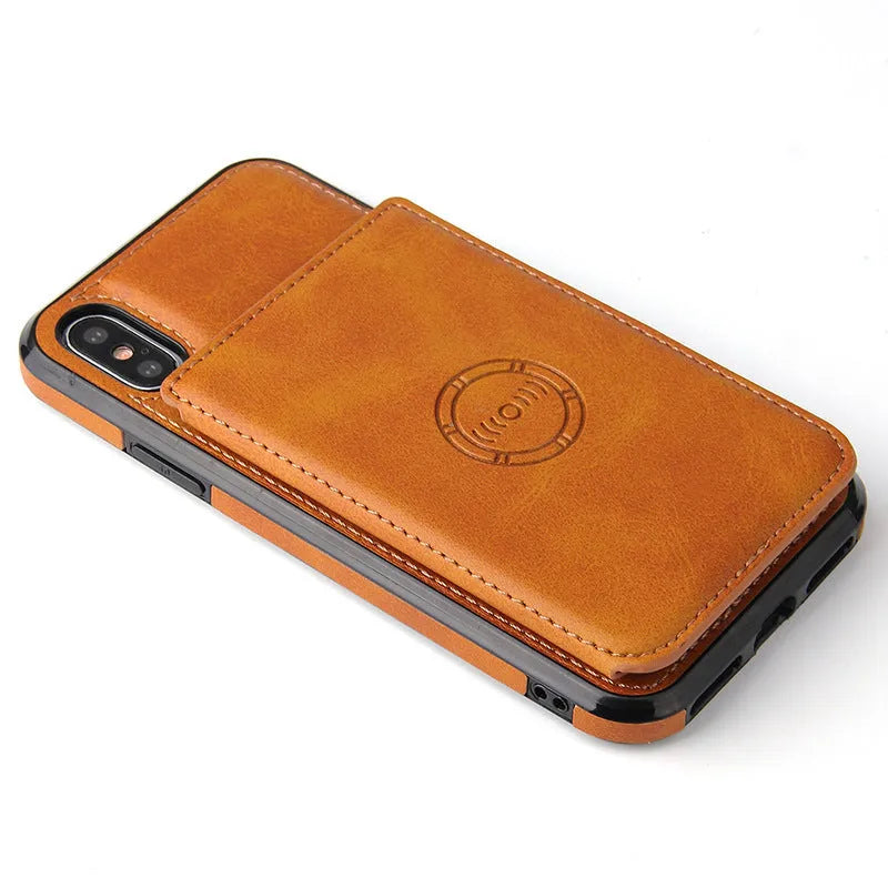 Imitation leather card wallet phone case for iPhone in solid colours like black and blue, showing card slot.