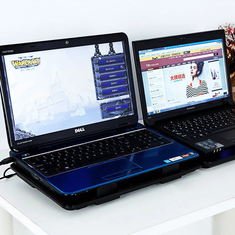 Naju N5 ultra-thin black notebook cooler with 1 large 14.5cm fan and 4 small 5.5cm fans, iron mesh panel, 38cm x 26cm x 2.3cm.