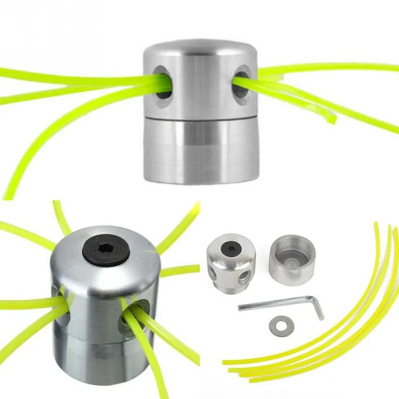 Silver aluminium Luzhu lawn mower grass head accessory with four square light yellow grass lines and a wrench.