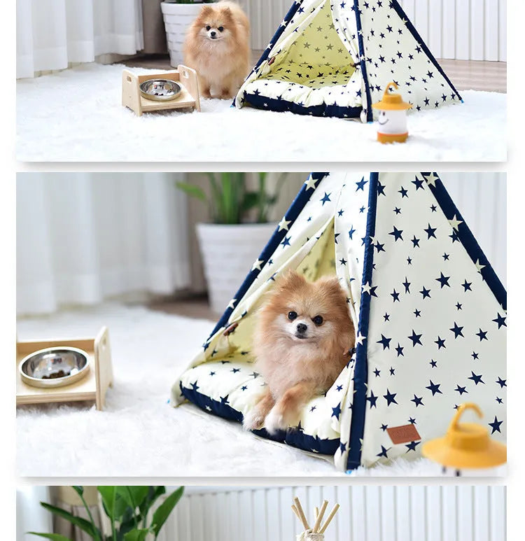 Portable washable cloth pet tent with pointed star pattern in large size for dogs and cats