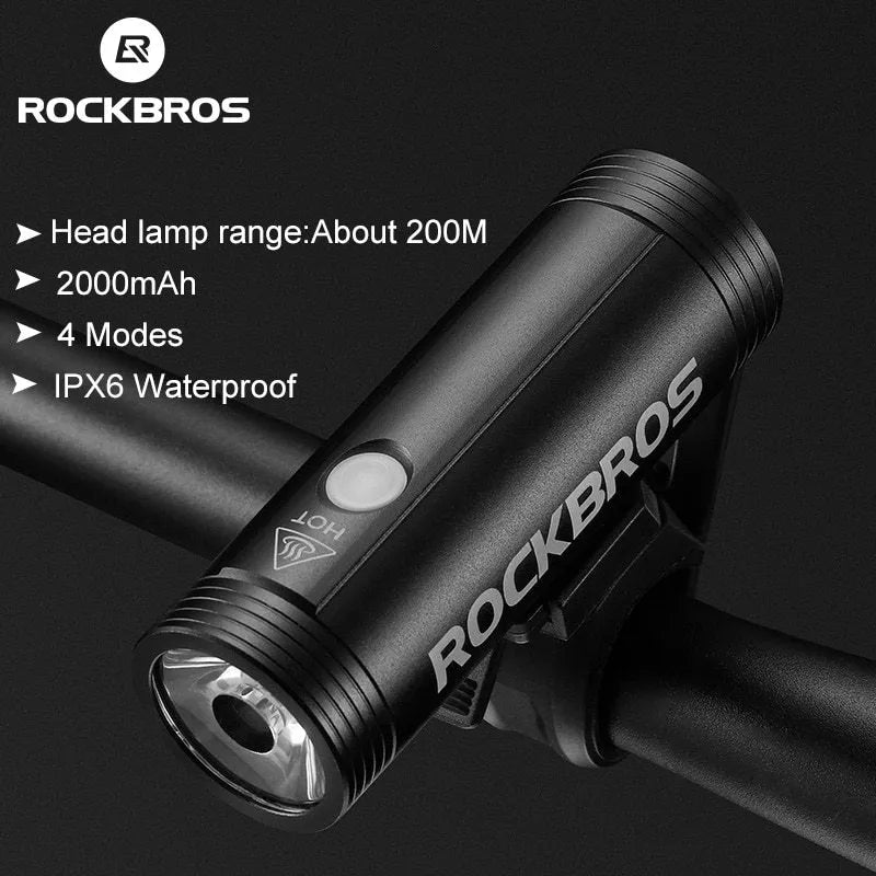 Bicycle Lamp Night Riding Bright Flashlight Rechargeable 400/800 Lumen Headlight 200M Range IPX6 Waterproof Black Aluminium Alloy 2000/4000mAh Battery Road Mountain Bike Light 98x32mm 122g ROCKBROS R1-400 R1-800 Headlight Mode High Low Flash