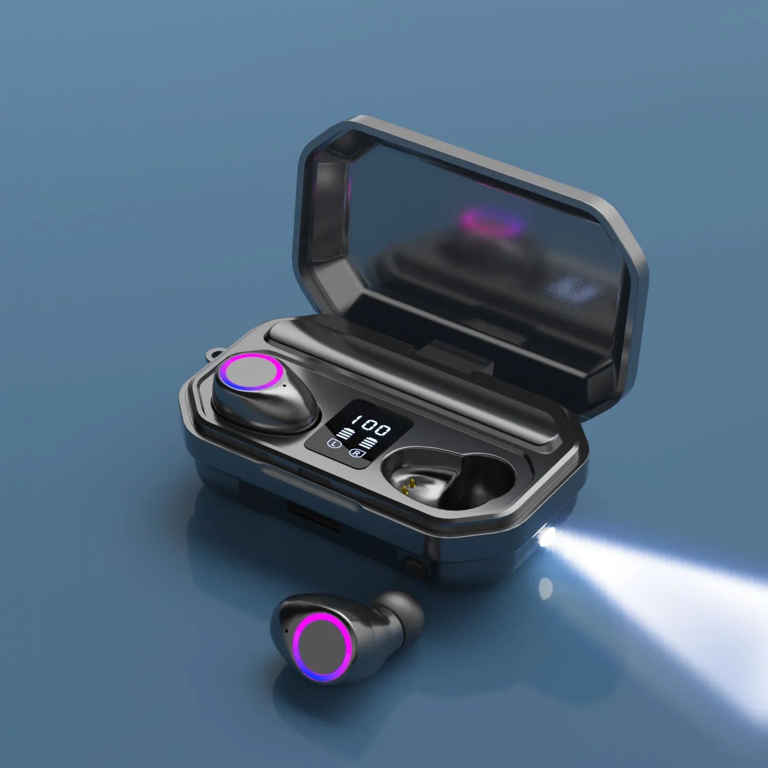 Wireless Bluetooth headset with digital power display showing battery level, available in black or white colours