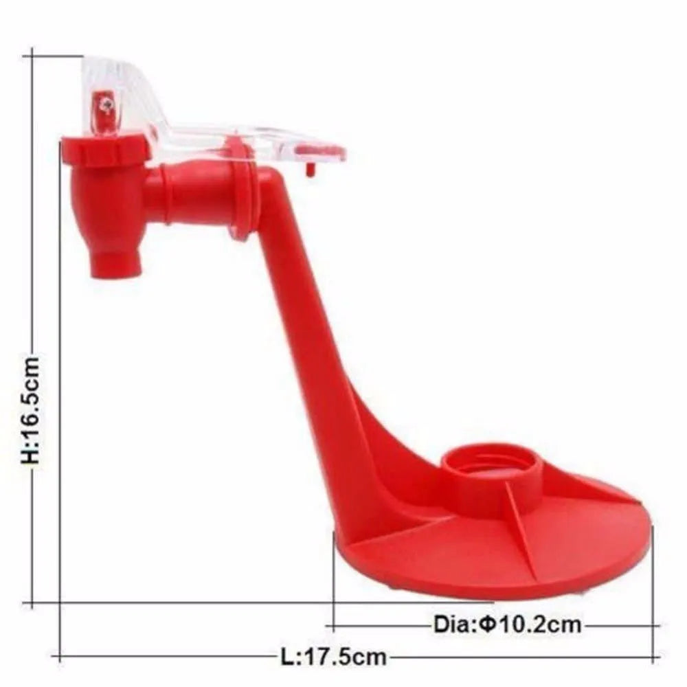 Red plastic Magic Tap soda dispenser attached to an inverted 2-litre bottle
